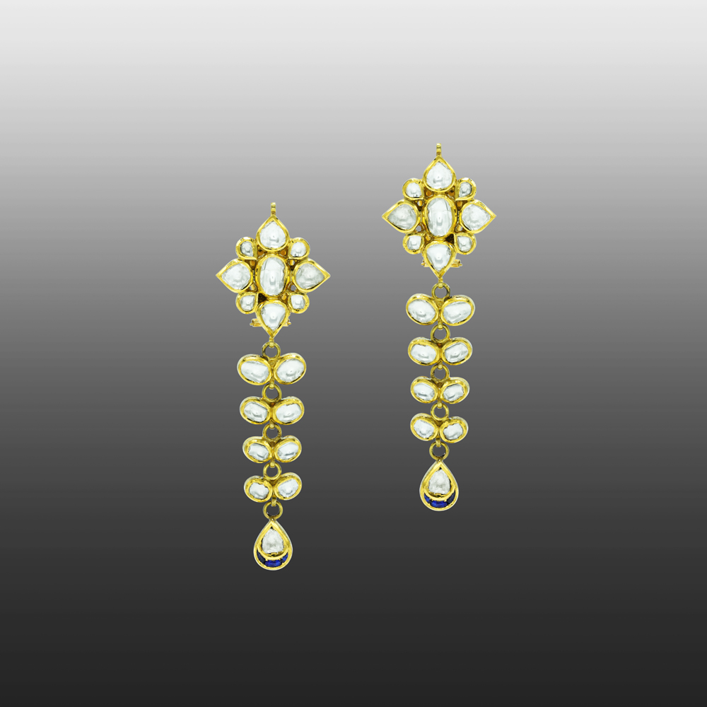 Gold Polki Drop Earrings with Floral Cluster and Teardrop